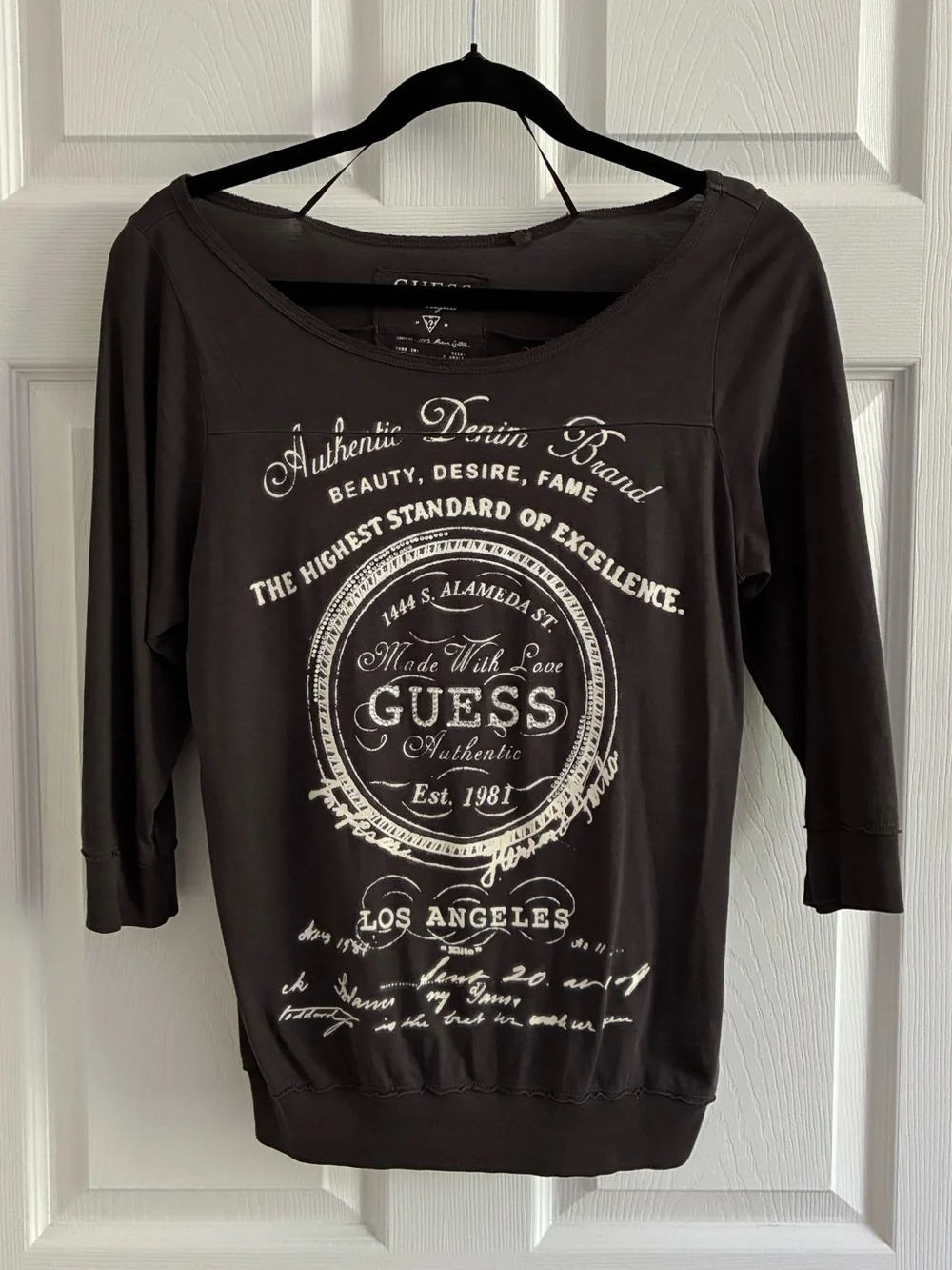 Guess Vintage Y2K 3/4 Sleeve Rhinestone Graphic Cotton Top